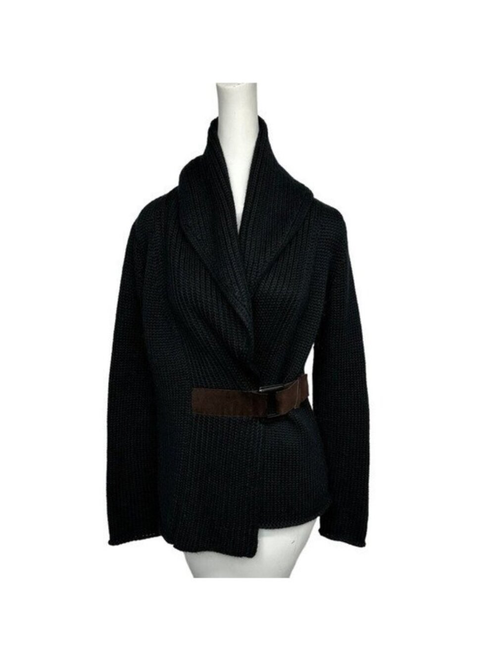 Soft Surroundings S Country Weekend Cardigan Sweater 22136 Black Wool Blend Belt